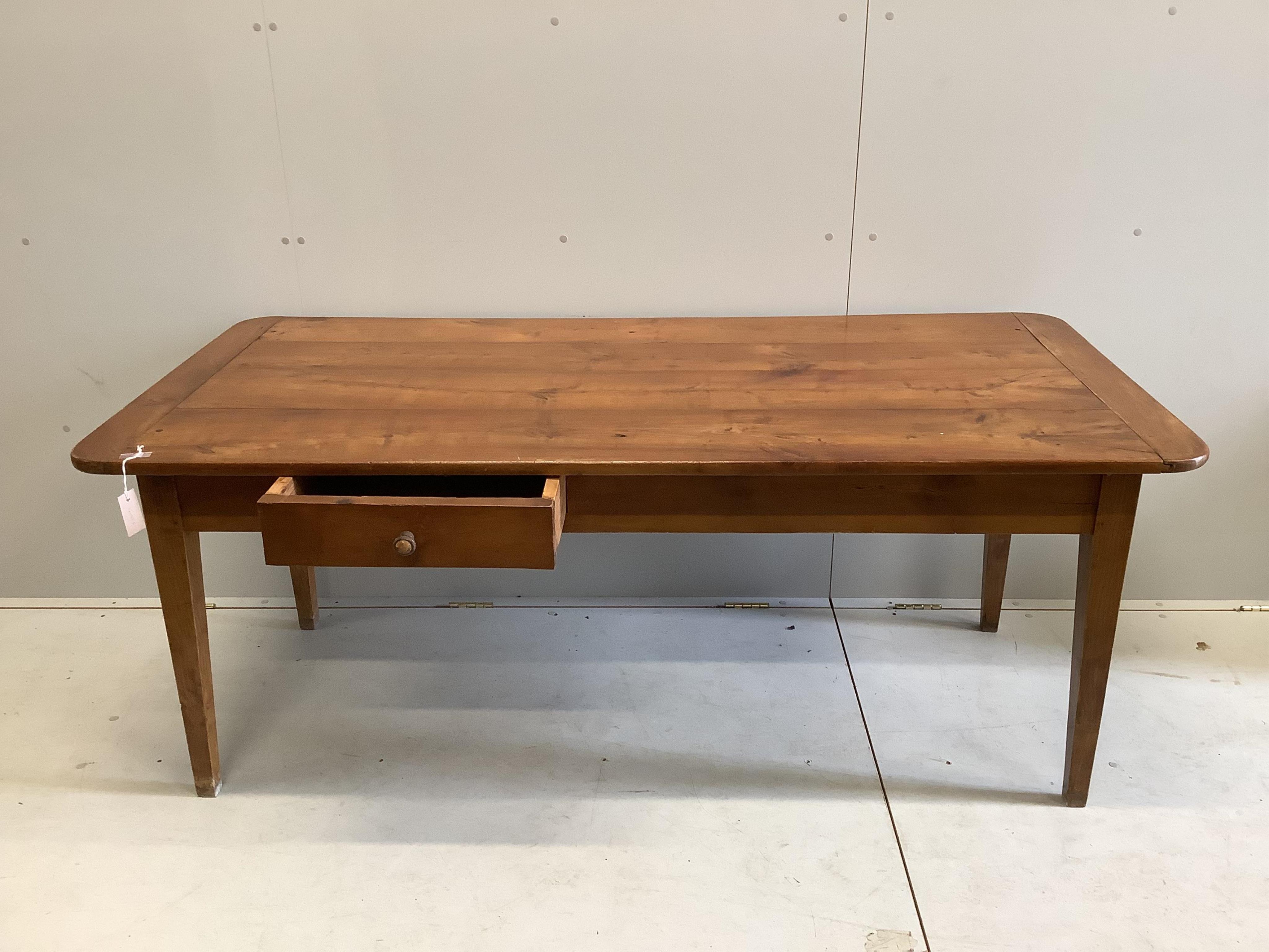 A 19th century French rectangular cherry two drawer kitchen table, width 178cm, depth 84cm, height 72cm